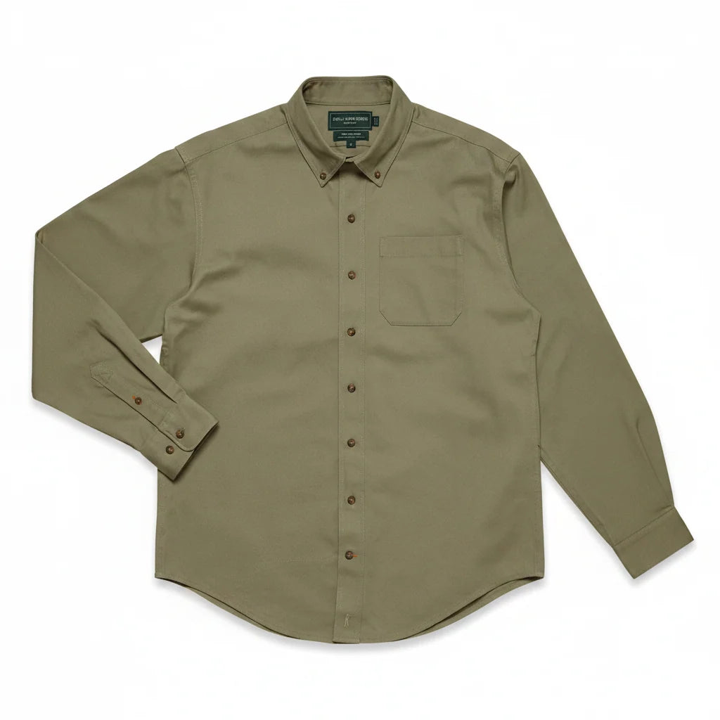 Ball and Buck Scout Shirt in Weathered Moss cotton twill, front view