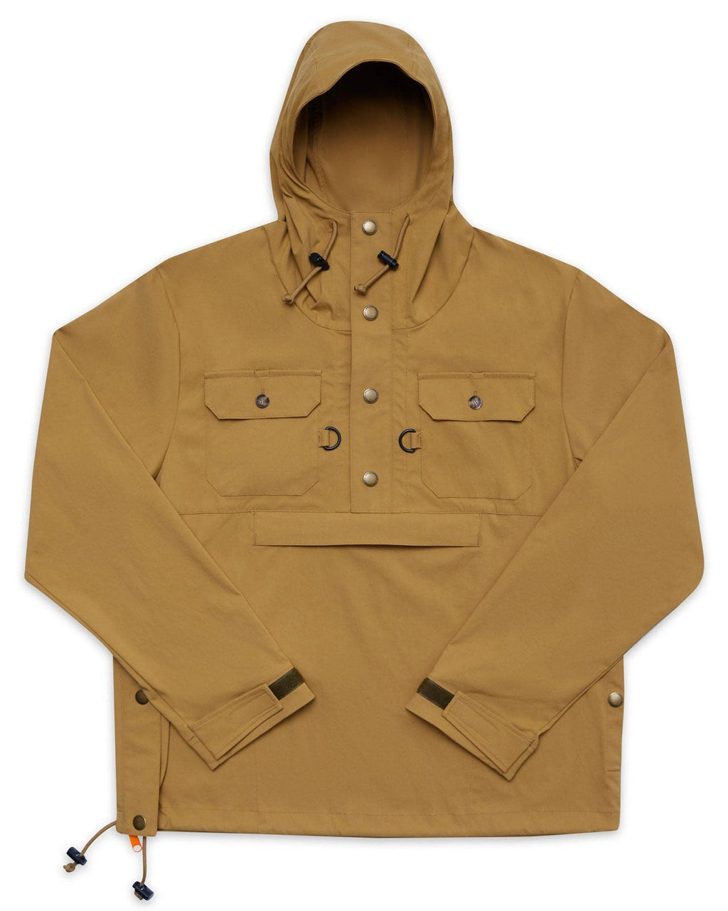 Ball and Buck Active+ Anorak in tan, front view with hood, chest pockets and large kangaroo pocket