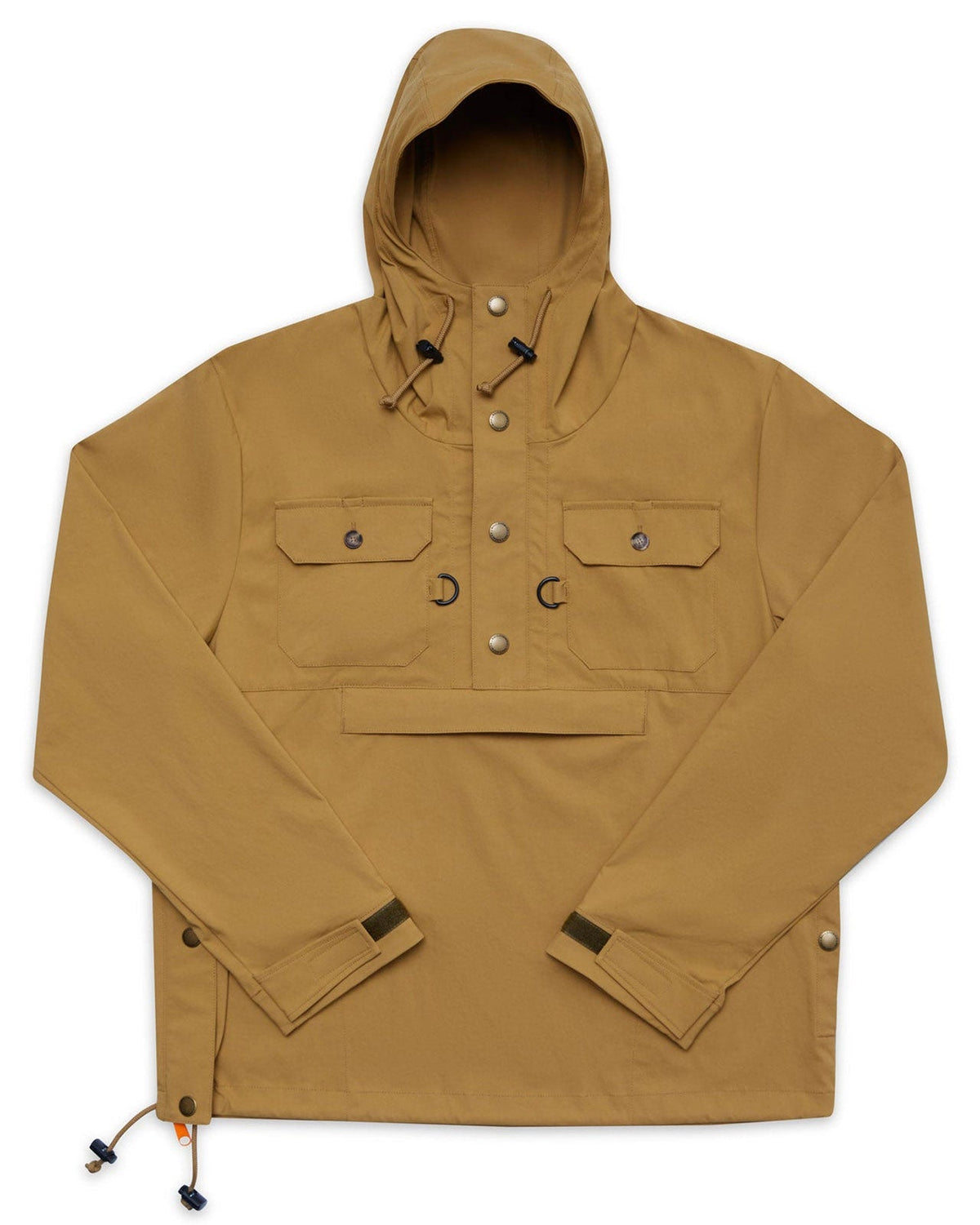 Ball and Buck Active+ Anorak in tan, front view with hood, chest pockets and large kangaroo pocket