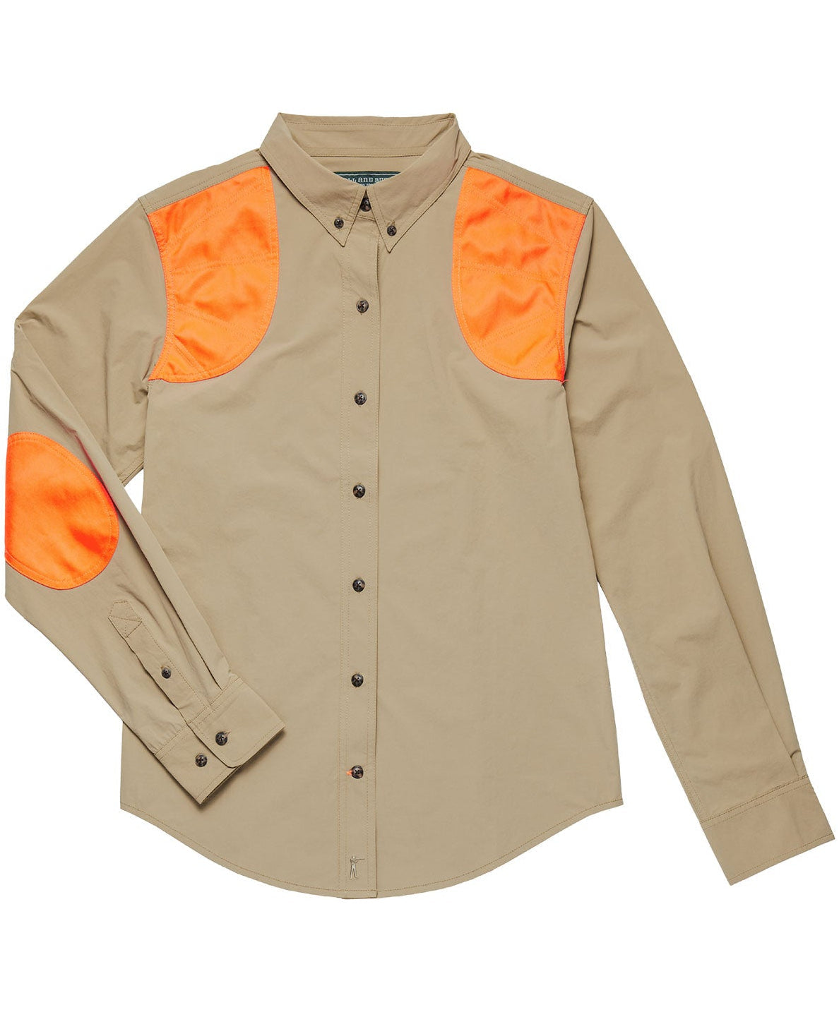 Ball and Buck Active+ Joan Field Shirt in Upland tan with blaze orange shooting shoulders, womens front view
