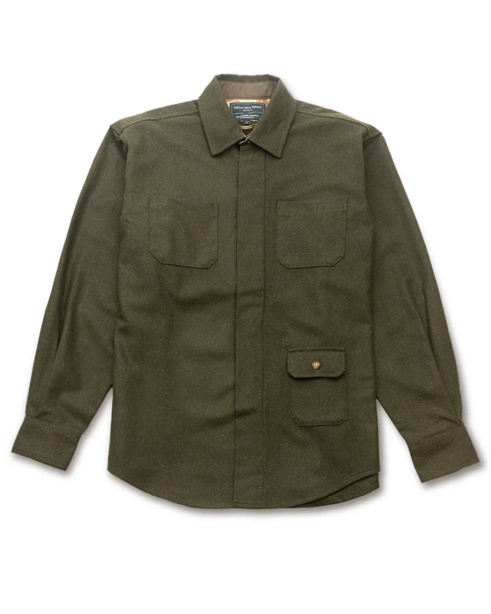 Ball and Buck Mariners Overshirt in Loden Green merino wool, front view with flap chest pockets