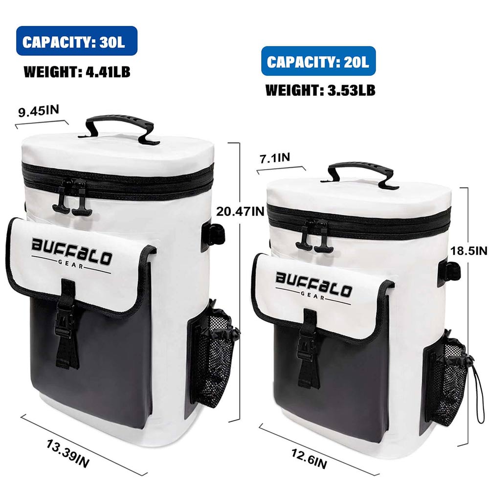 White and black Buffalo Gear soft coolers, 30L and 20L capacity, for hunting, fishing, outdoor adventures