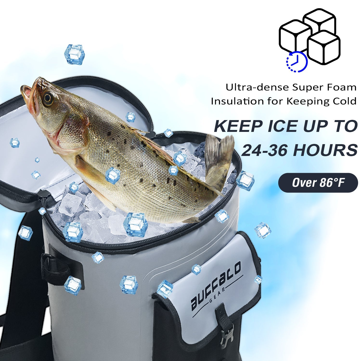 Gray Buffalo Gear insulated cooler bag with fish and ice, ultra-dense foam for 24-36 hour cold retention