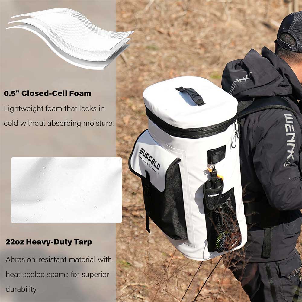 White Buffalo Gear backpack cooler with 0.5” closed-cell foam, 22oz heavy-duty tarp, ideal for hunting and outdoor use
