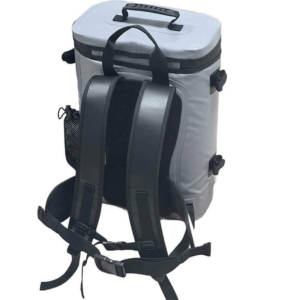 Gray waterproof backpack cooler with black straps, ideal for hunting, fishing, and outdoor adventures