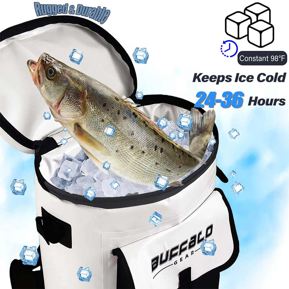 White Buffalo Gear cooler bag with fish and ice, keeps contents cold 24-36 hours, rugged & durable for fishing trips