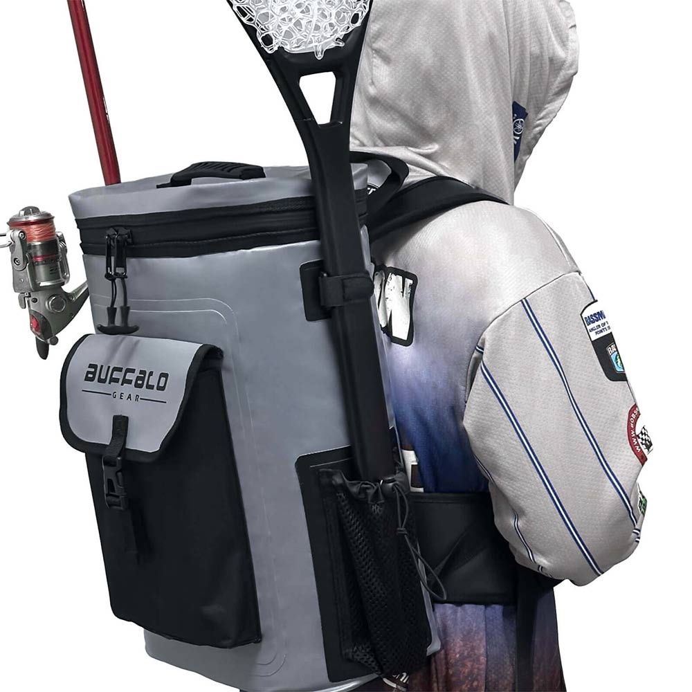 Gray Buffalo Gear fishing backpack with rod holder, net, and tackle storage for outdoor adventures