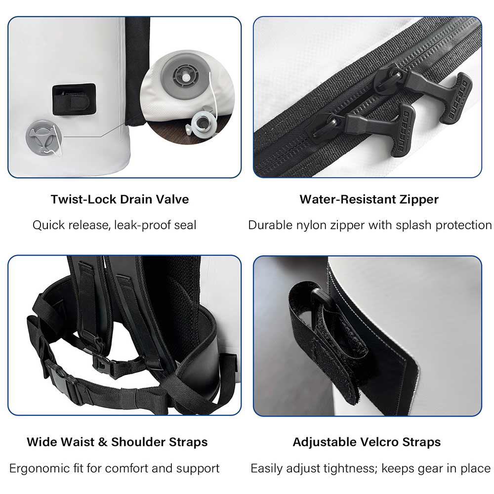 Water-resistant dry bag with twist-lock drain valve, durable nylon zipper, wide straps, and adjustable Velcro for outdoor gear storage