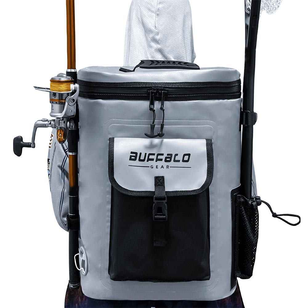 Gray Buffalo Gear fishing backpack with rod holders, ideal for anglers and outdoor adventures