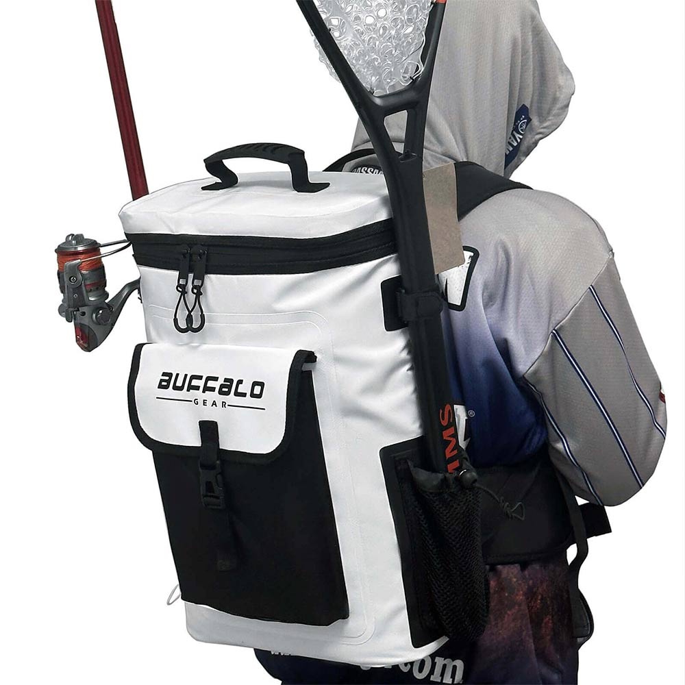 White and black Buffalo Gear backpack cooler with fishing rod holder, ideal for outdoor hunting and fishing trips