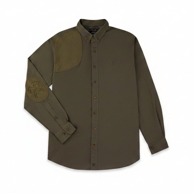 Jack Carr x Ball and Buck Hunters Shirt in Ranger Green, front view with ripstop shoulder and elbow patches