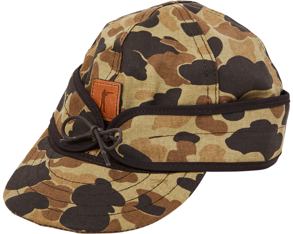 Stormy Kromer x Ball and Buck Original Cap in Original Camo, side view with leather patch and tie
