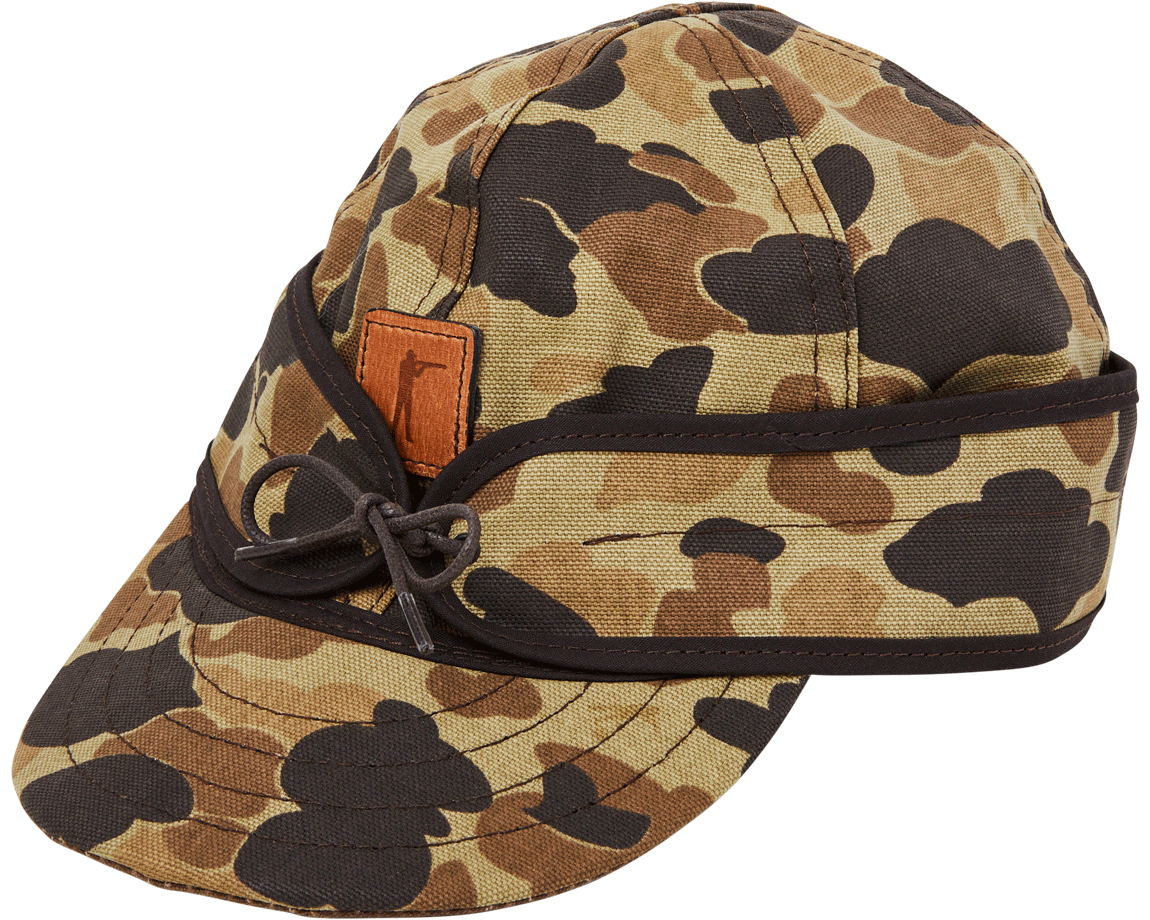 Stormy Kromer x Ball and Buck Original Cap in Original Camo, side view with leather patch and tie