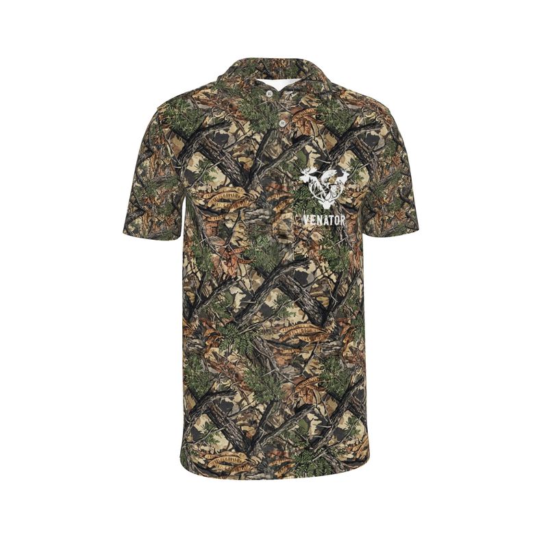 Venator camo hunting polo shirt with woodland pattern and chest logo, ideal for outdoor hunting gear