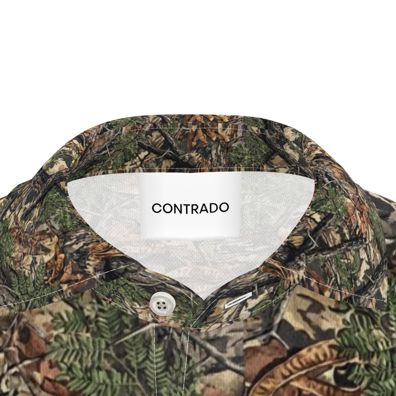 Contrado camo hunting shirt with woodland pattern, button-up collar, and leafy green brown design