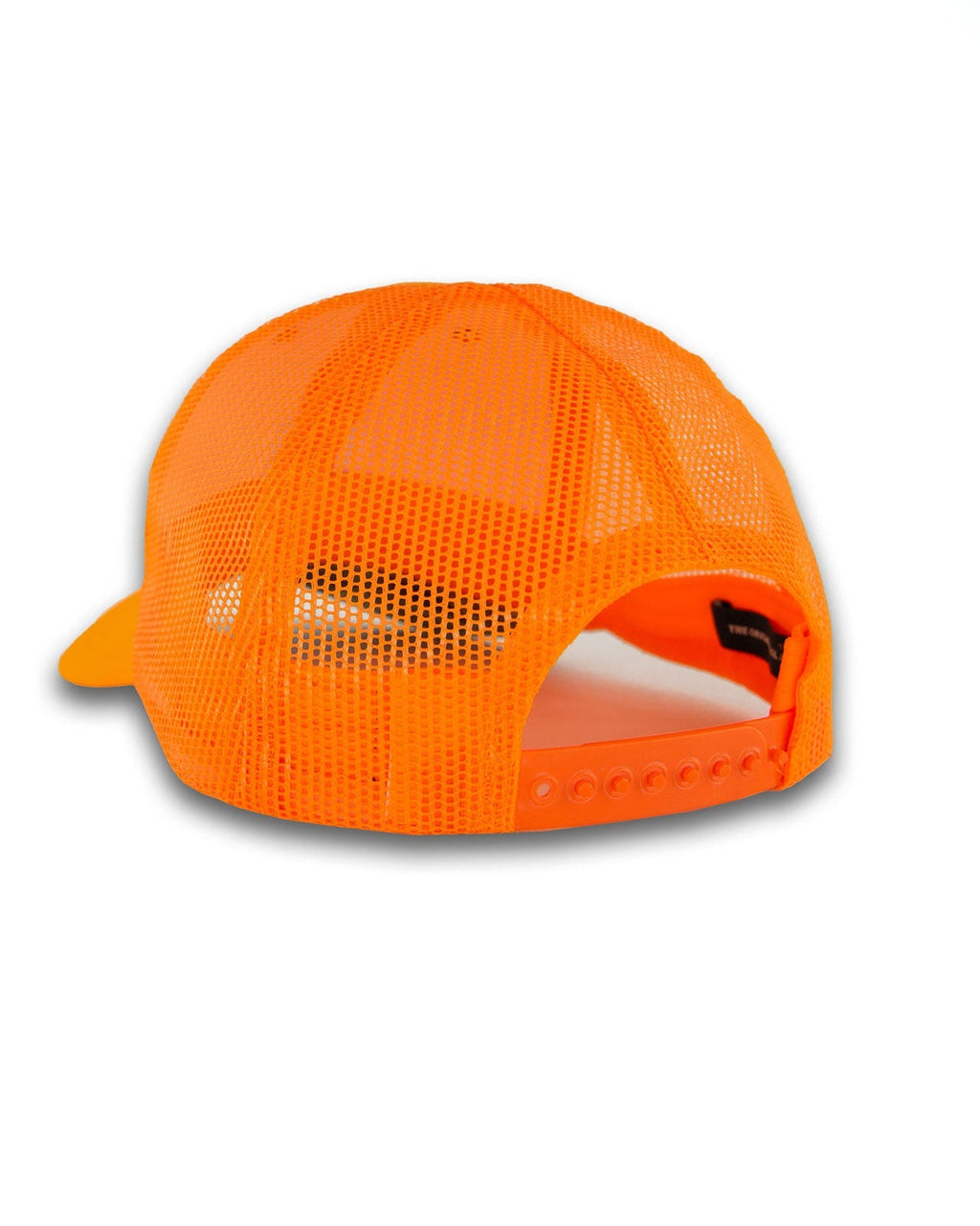 Blaze orange Arthur Snapback Upland Edition, back view with mesh panels and snap closure