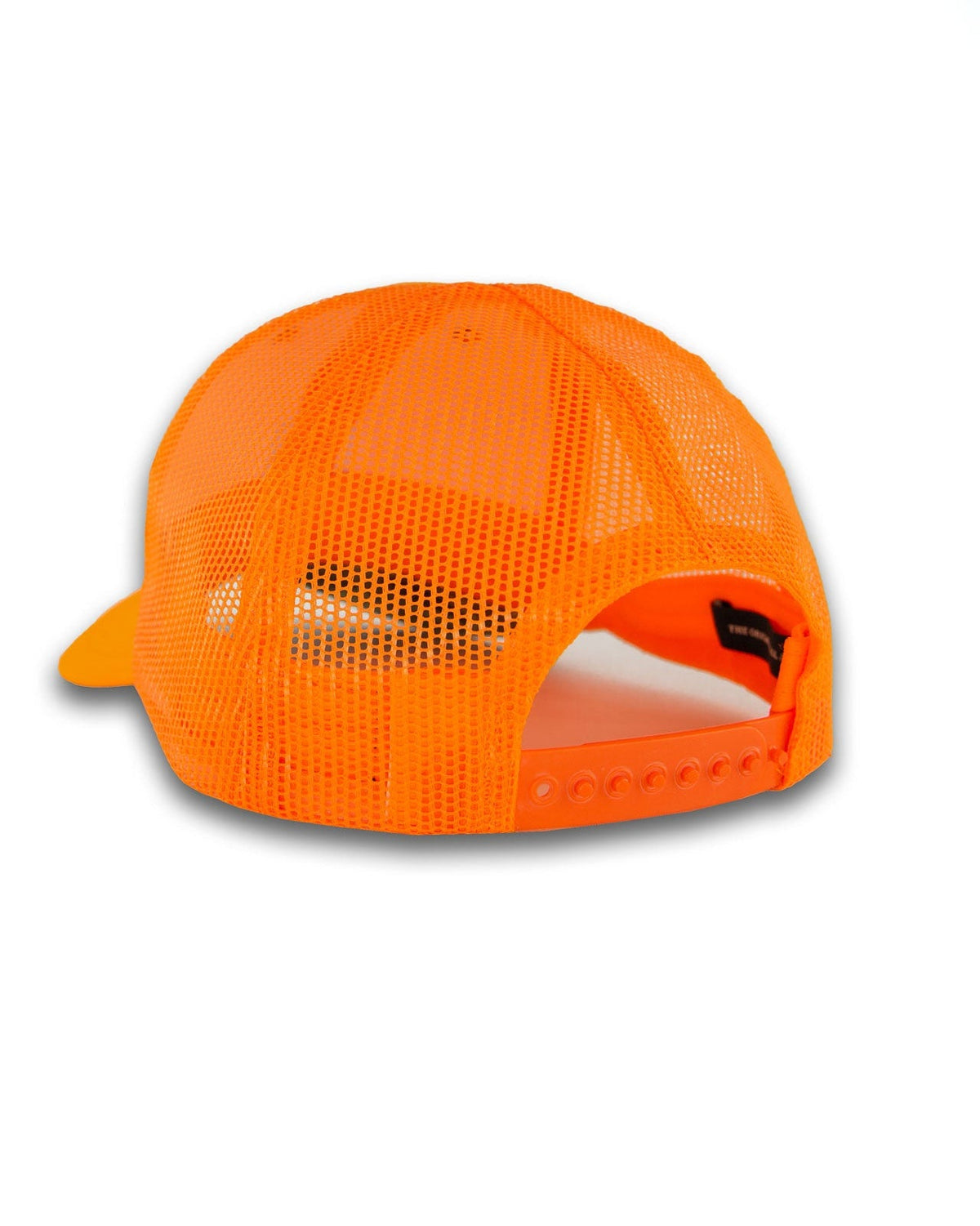 Blaze orange Arthur Snapback Upland Edition, back view with mesh panels and snap closure