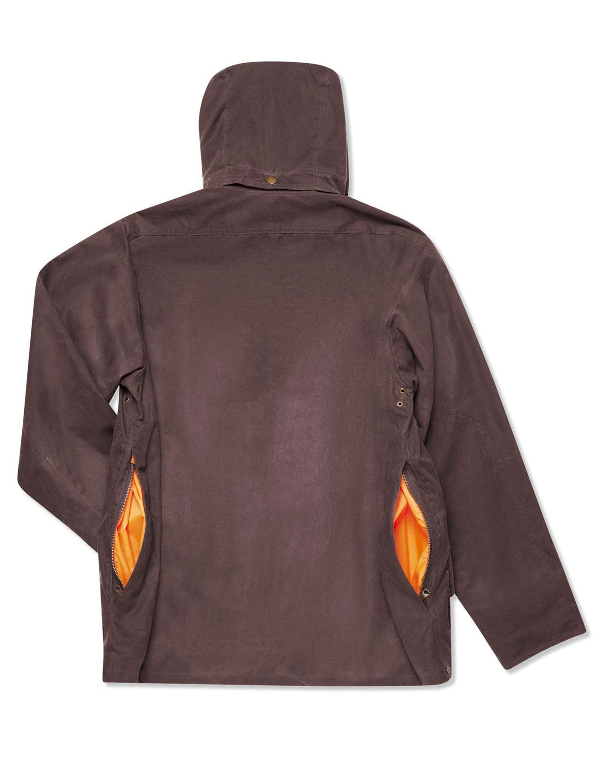 Dark Oak Upland Jacket with snap-on hood, back view with blaze orange game pocket openings