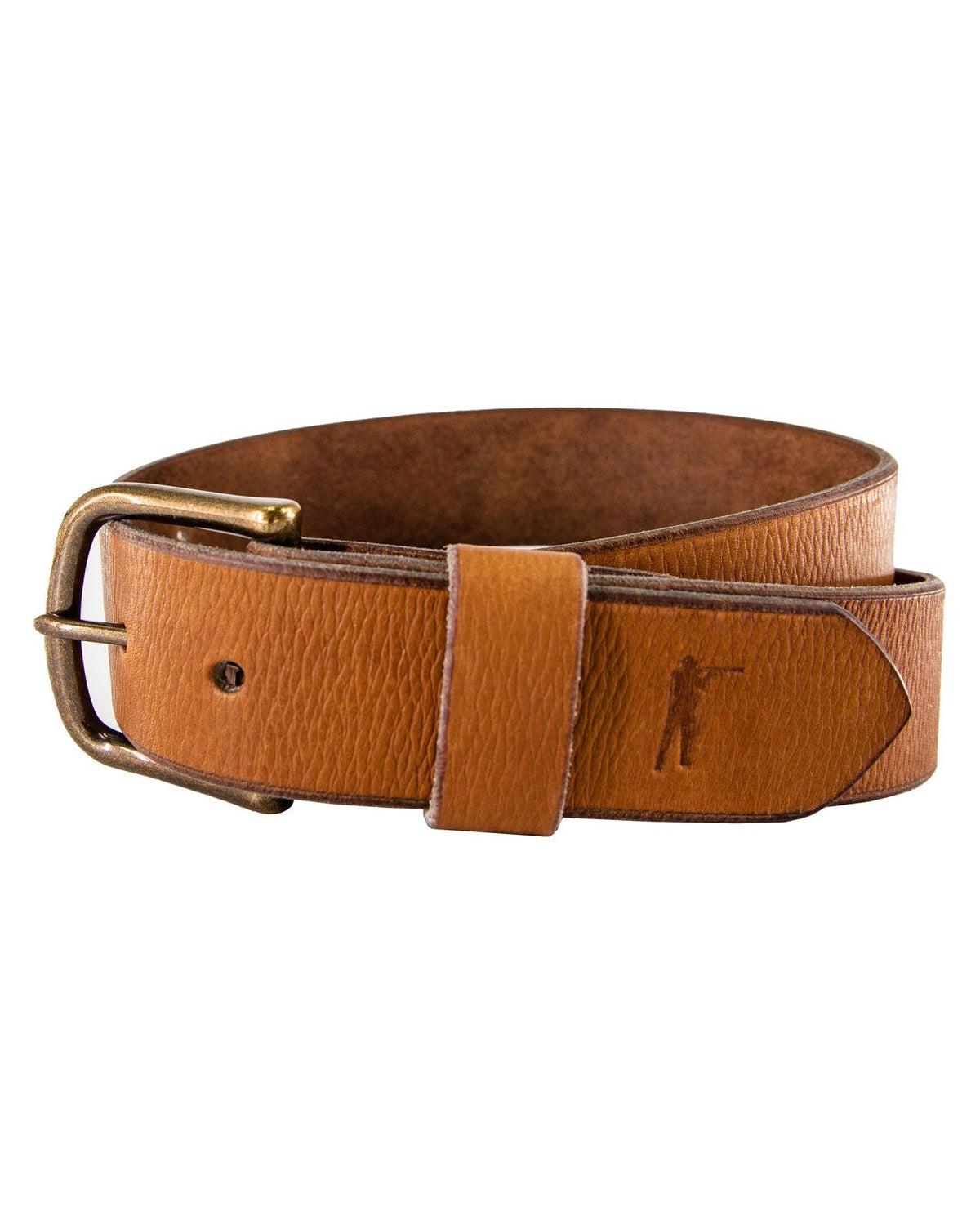 Full grain leather Ball and Buck belt showing the brass buckle and debossed Arthur logo keeper