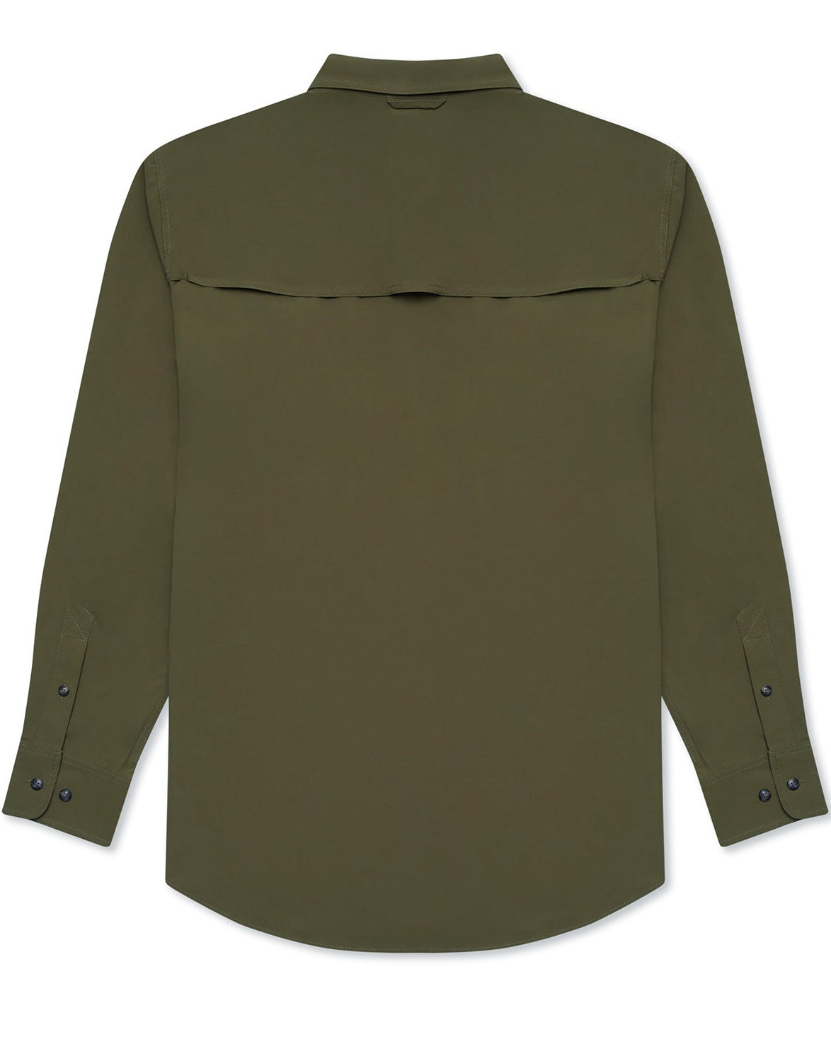 Olive Active+ Guide Shirt, back view with vented yoke