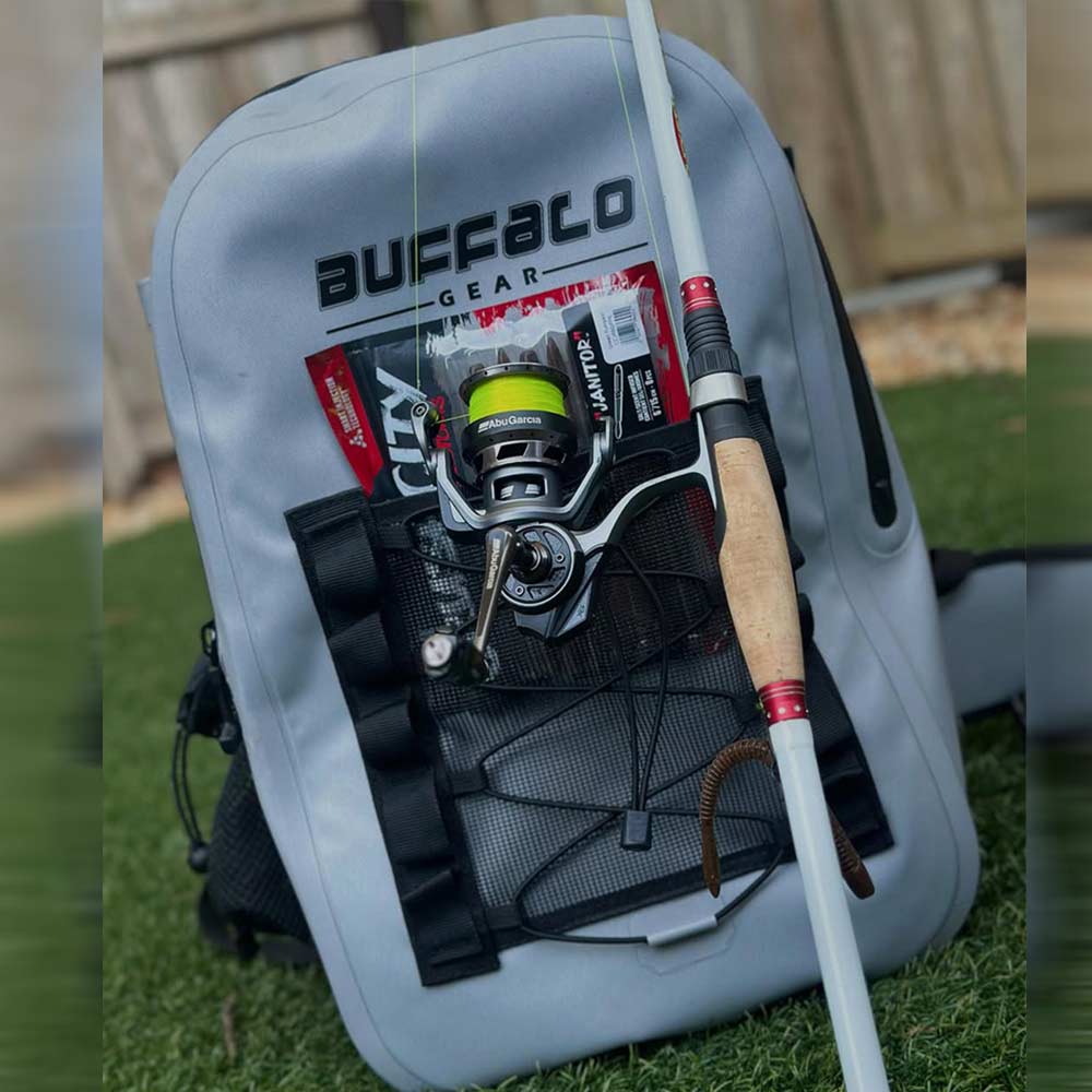 Buffalo Gear fishing backpack with Abu Garcia reel and rod, outdoor tackle storage