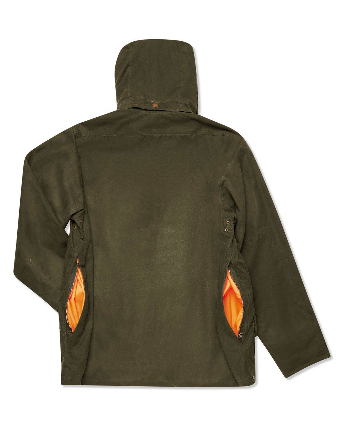 Olive Upland Jacket with hood, back view with blaze orange game pocket openings