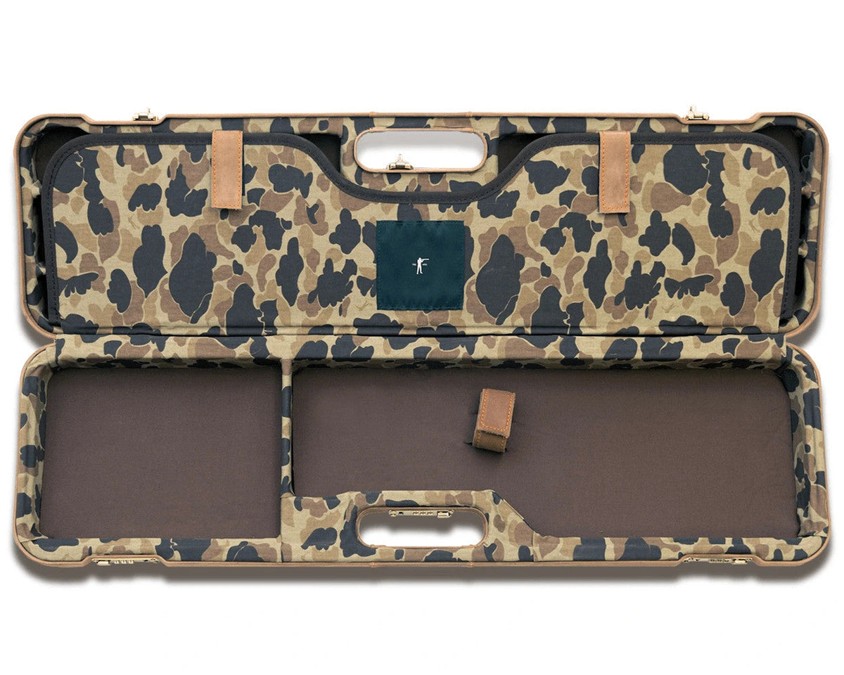 Negrini x Ball and Buck shotgun case open with Original Camo lined compartments