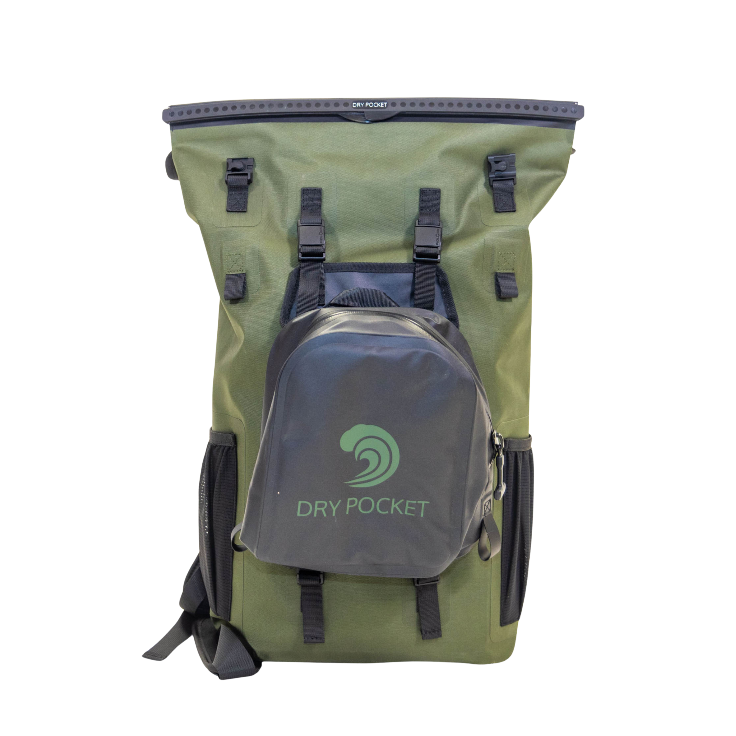 Olive green Dry Pocket waterproof backpack with dry bag attachment, ideal for hunting and outdoor adventures.