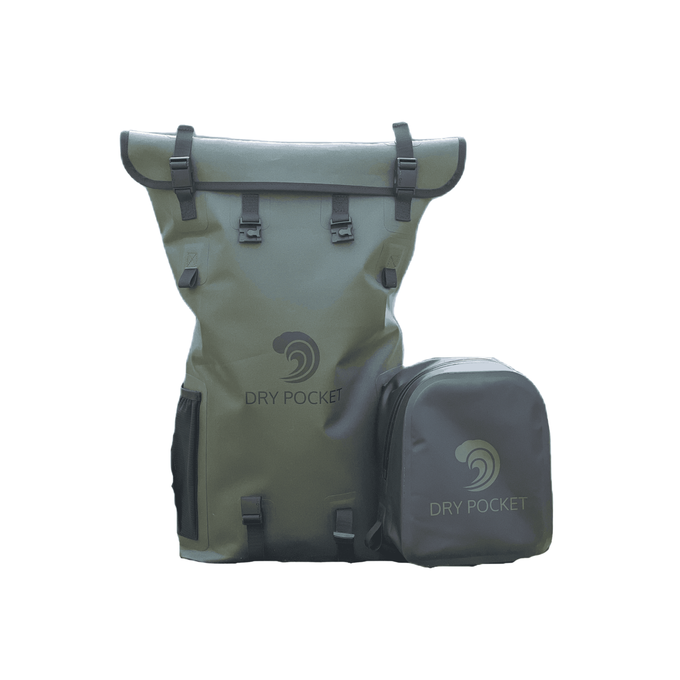 Olive green Dry Pocket waterproof dry bag with roll-top closure and smaller companion pouch for hunting or fishing gear storage