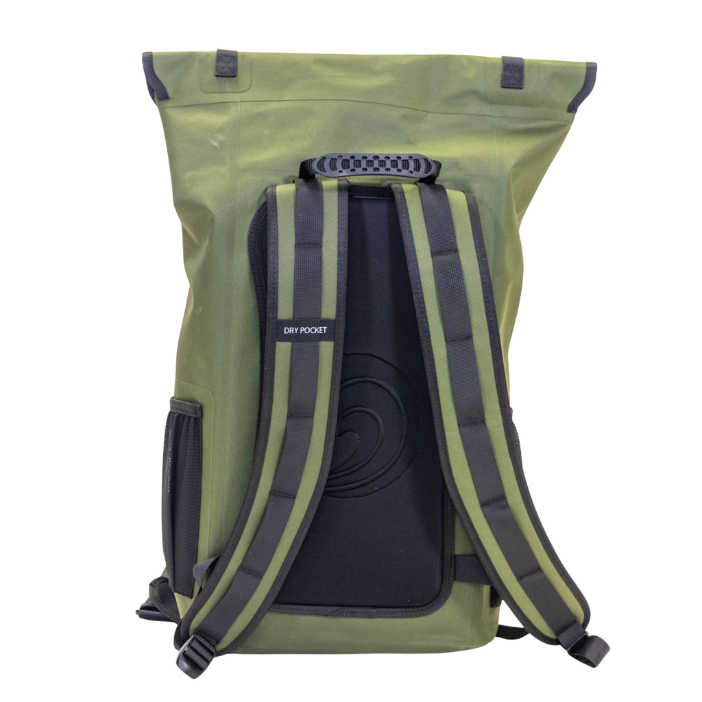 Olive green waterproof hunting backpack with dry pocket, padded straps, and roll-top closure for outdoor gear storage