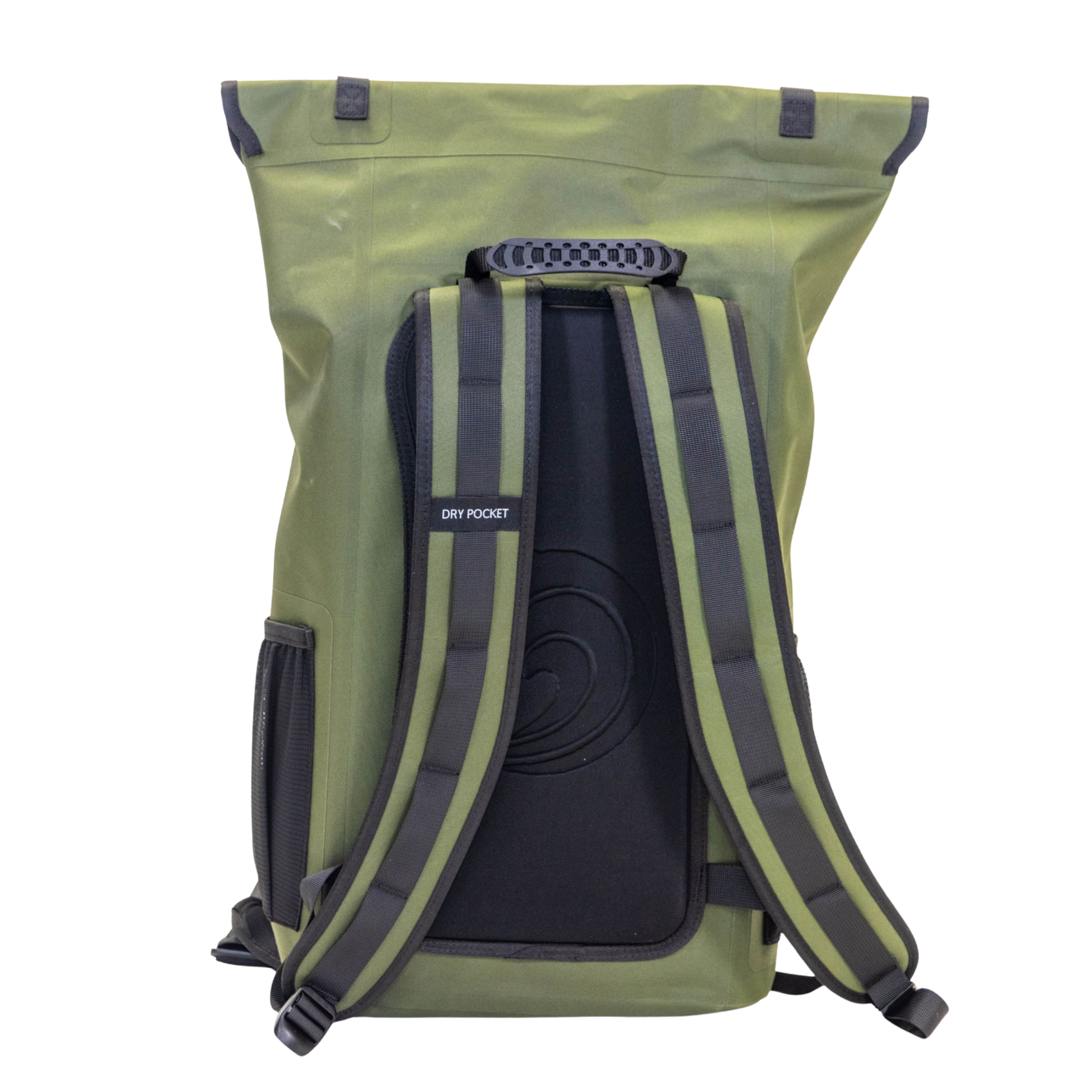 Olive green waterproof hunting backpack with dry pocket, padded straps, and roll-top closure for outdoor gear storage