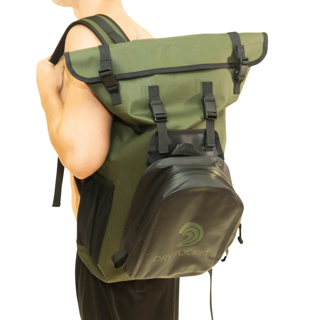 Olive green roll-top backpack with DryPocket waterproof attachment, ideal for hunting and outdoor adventures.