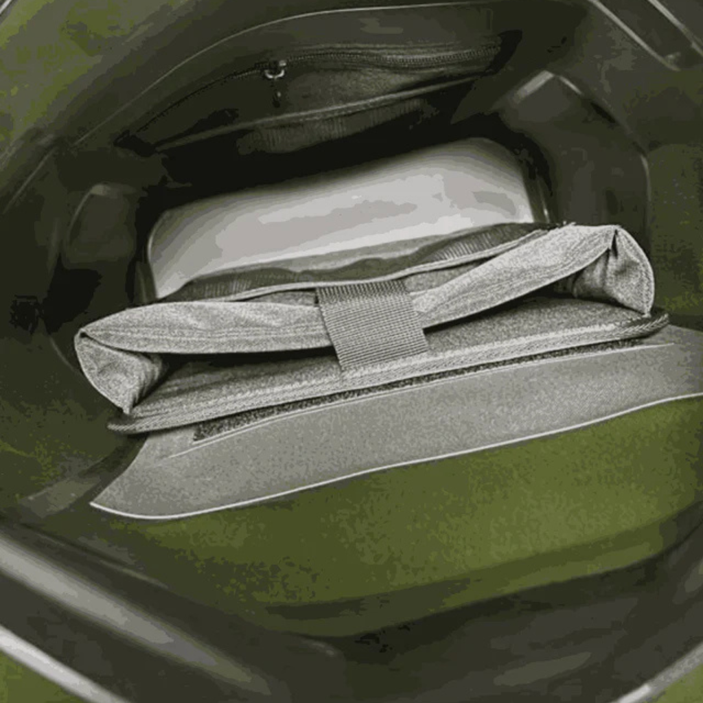 Olive green tactical gear bag with internal pockets and compression straps for hunting or outdoor use