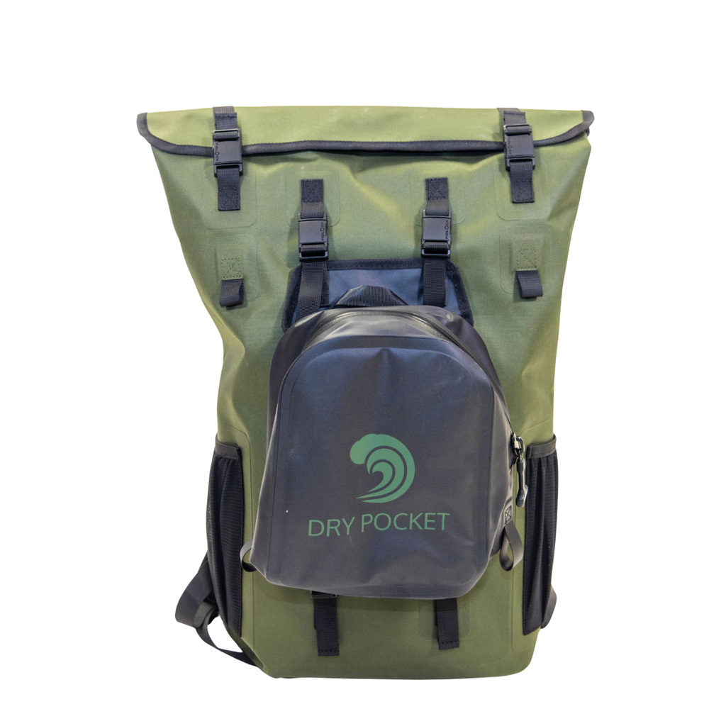 Olive green waterproof backpack with Dry Pocket attachment for hunting and outdoor gear storage