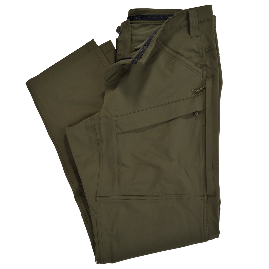 Olive green hunting pants with zippered pockets and GameGuard branding, ideal for outdoor adventures and field use.