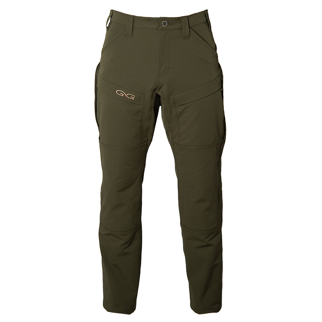 Olive green hunting pants with multiple pockets and durable fabric for outdoor adventures