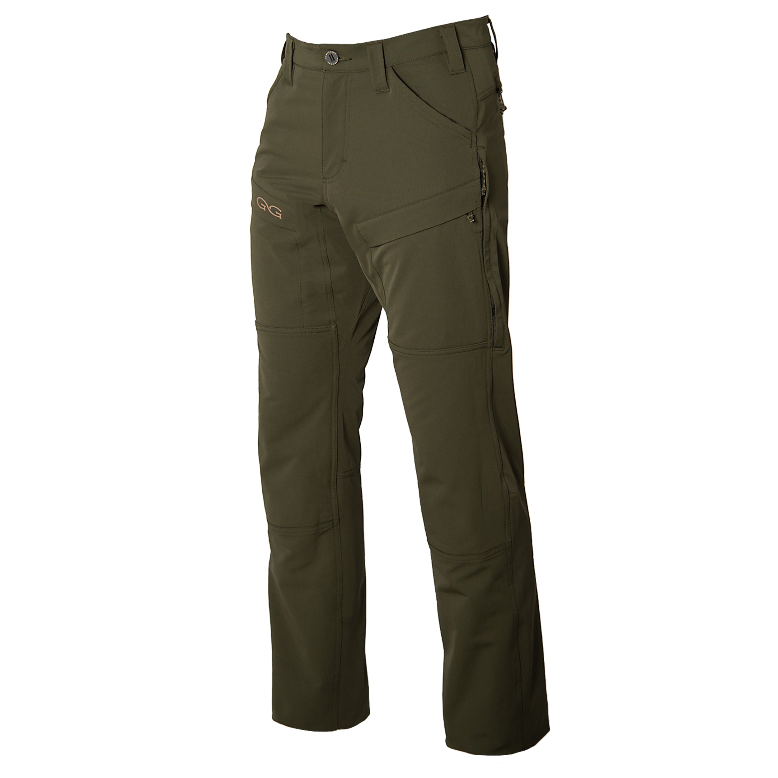 Olive green hunting pants with multiple pockets and durable fabric for outdoor adventures