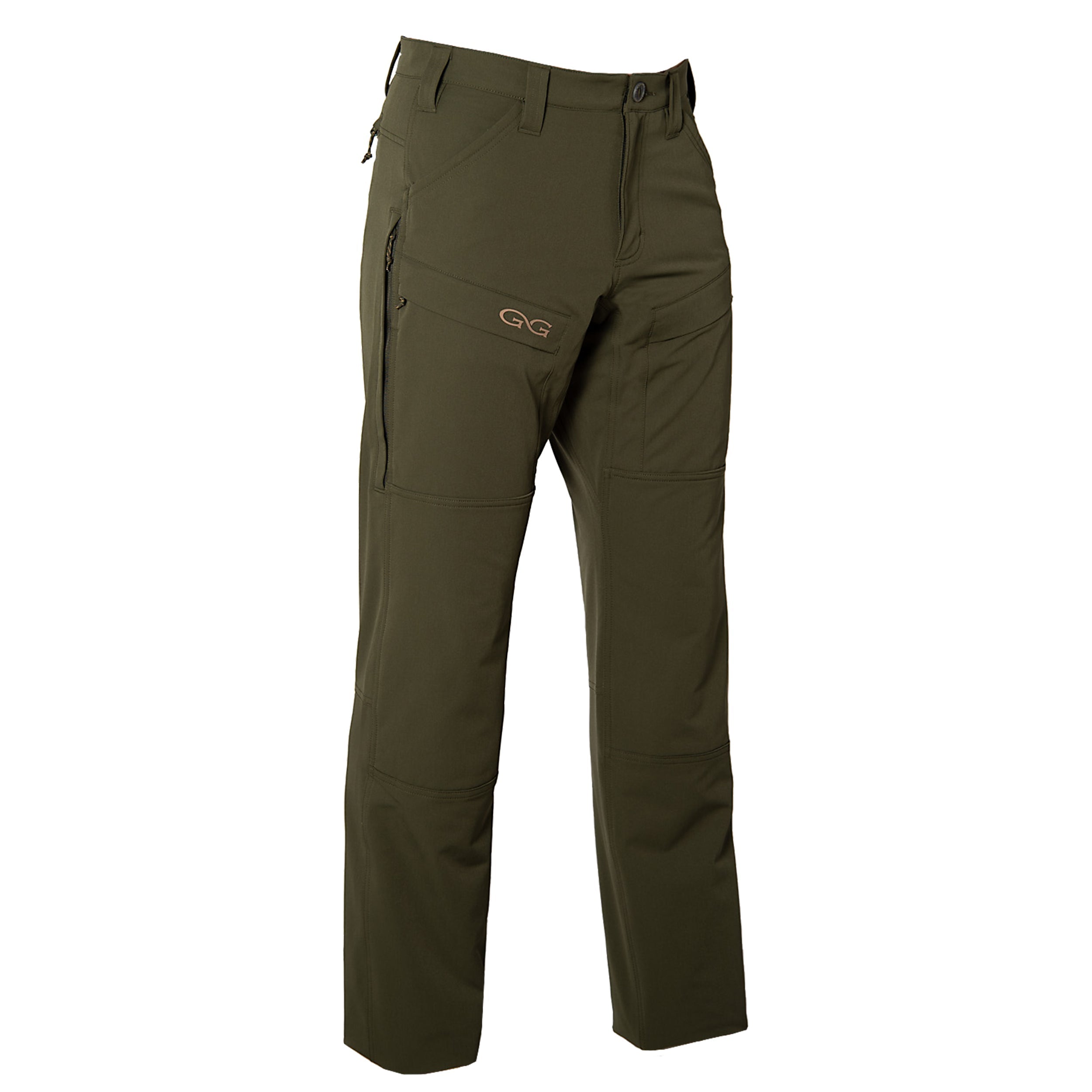 Olive green hunting pants with multiple pockets and GG logo, ideal for outdoor adventures and field use.