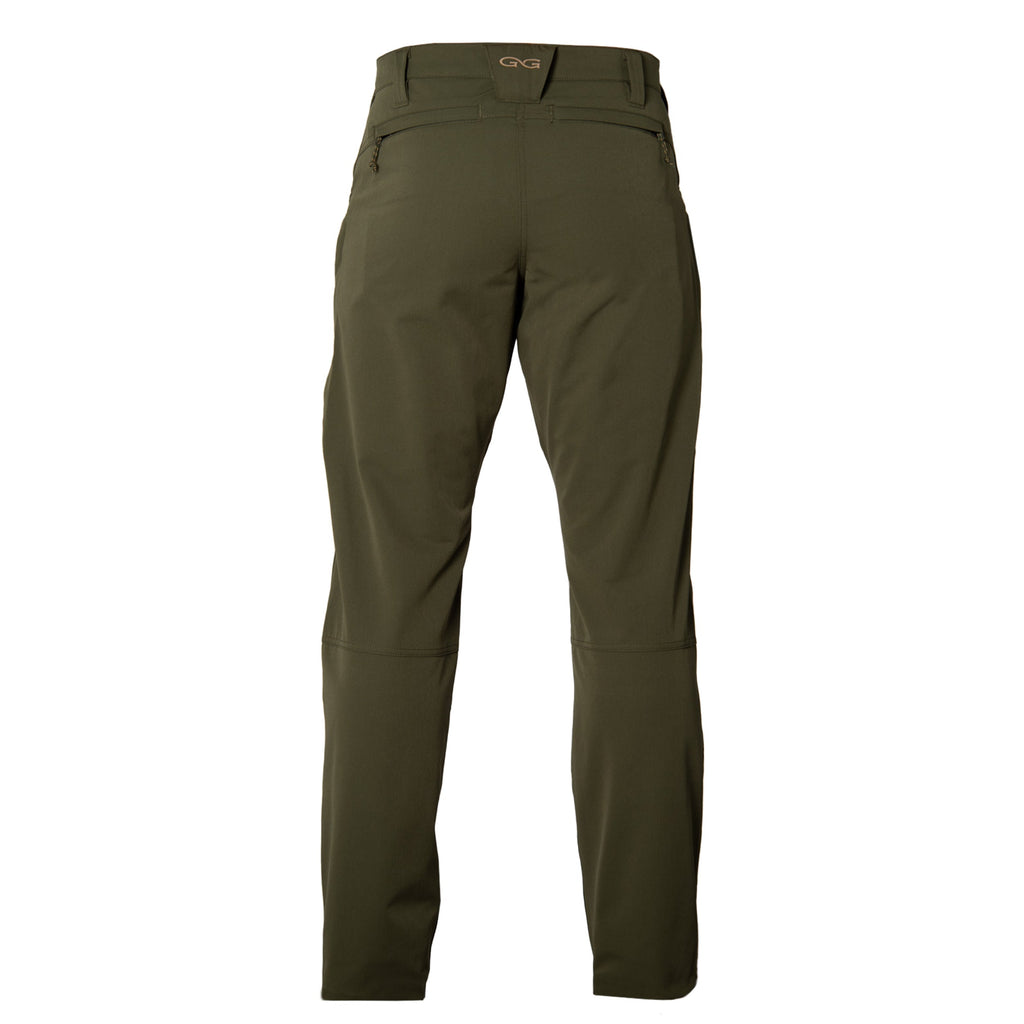 Olive green hunting pants with zippered rear pockets, durable fabric for outdoor use
