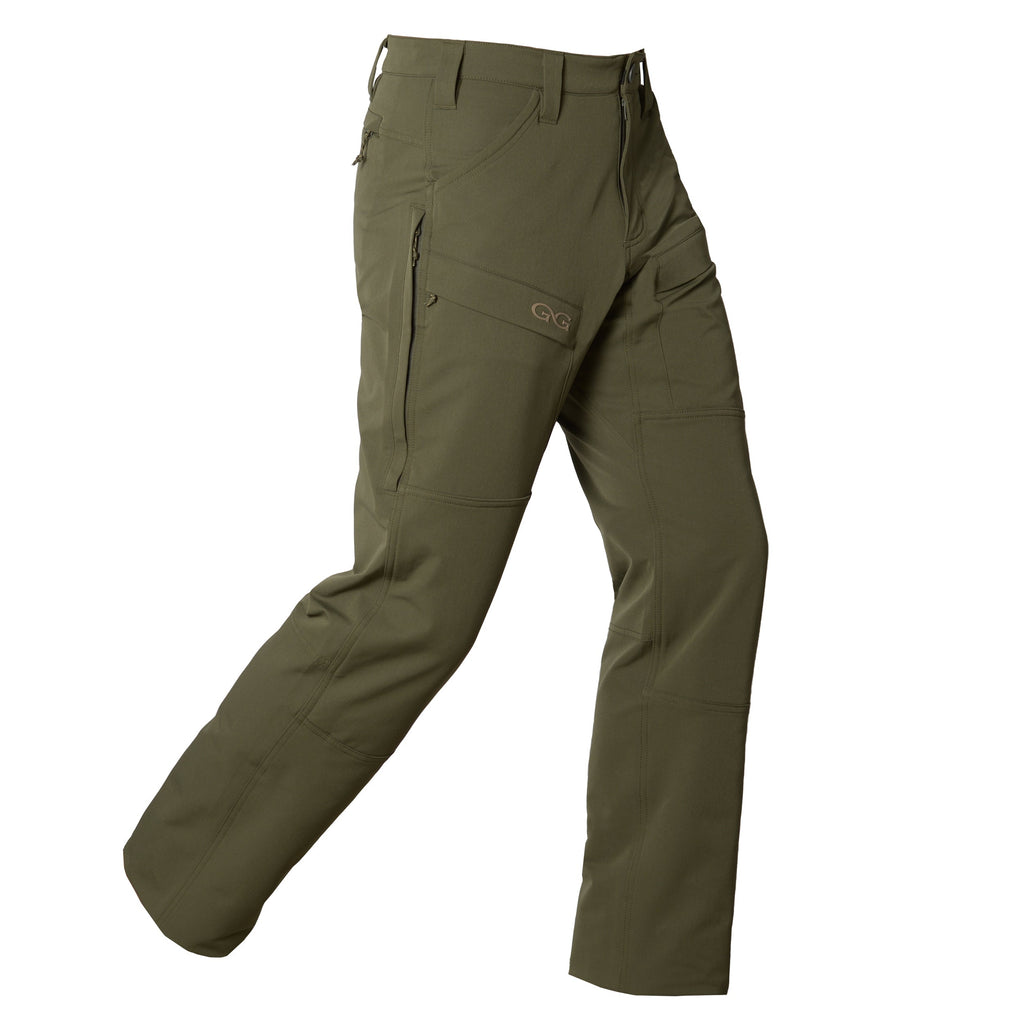 Olive green tactical hunting pants with multiple pockets and durable fabric for outdoor use
