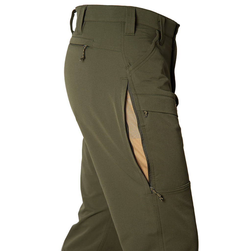 Olive green hunting pants with zippered mesh vents and multiple pockets for outdoor gear storage