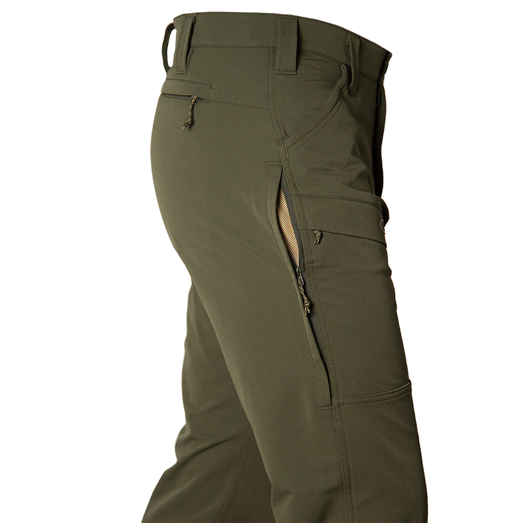 Olive green hunting pants with zippered cargo pockets and mesh lining for outdoor adventures