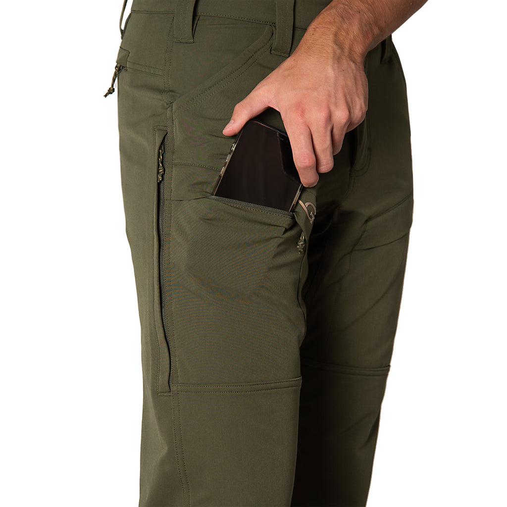 Olive green hunting pants with zippered phone pocket, tactical design for outdoor use