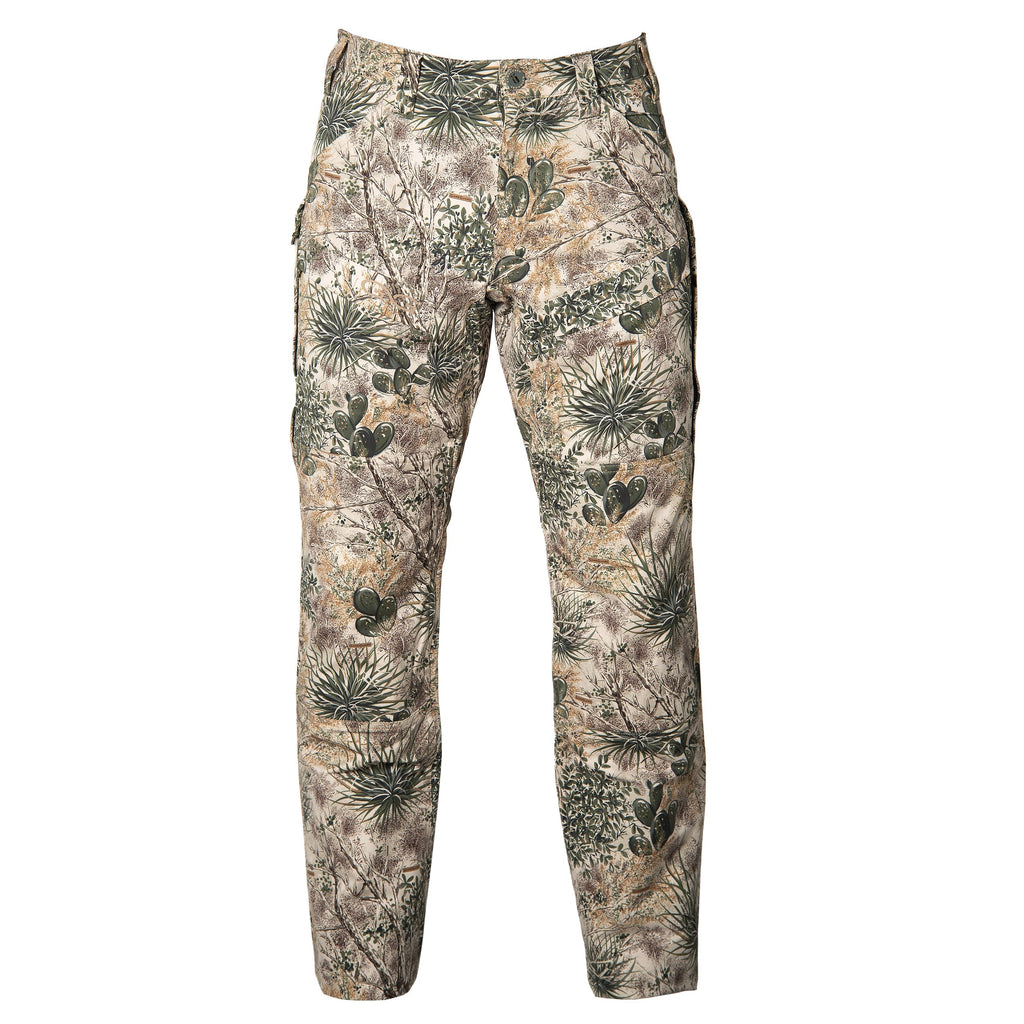 Desert camo hunting pants with cactus and brush pattern for outdoor concealment