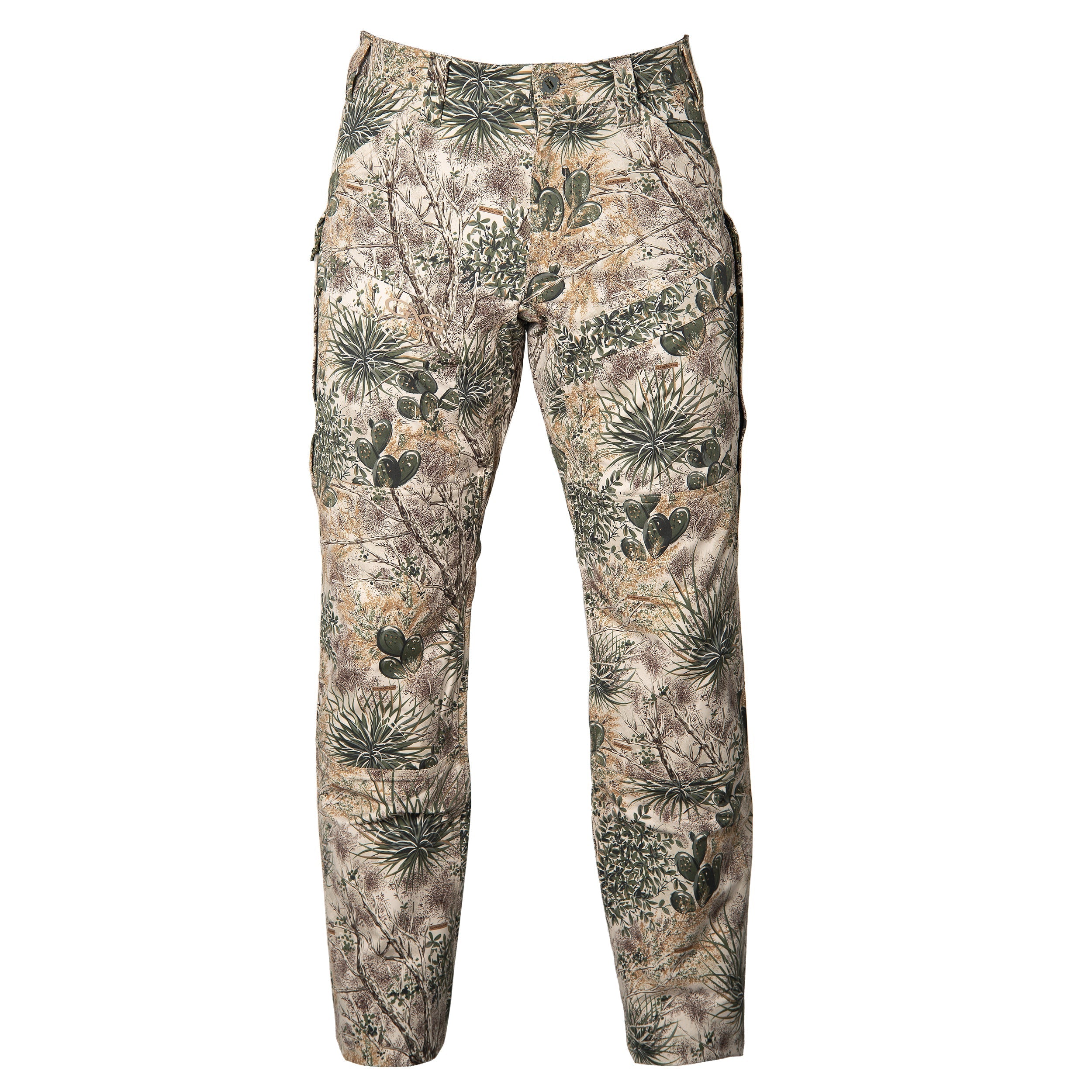 Desert camo hunting pants with cactus and brush pattern for outdoor concealment