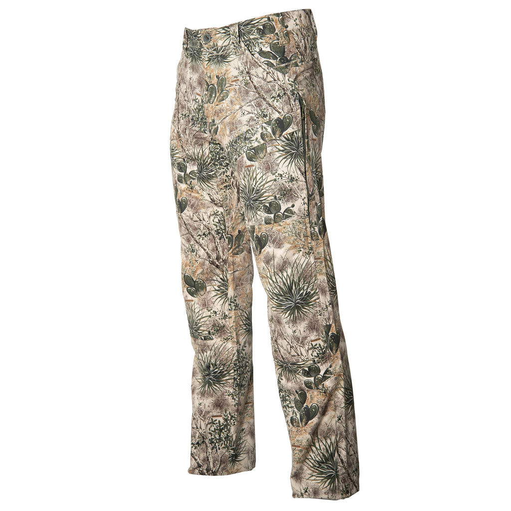 Desert camo hunting pants with cactus and brush pattern for outdoor concealment