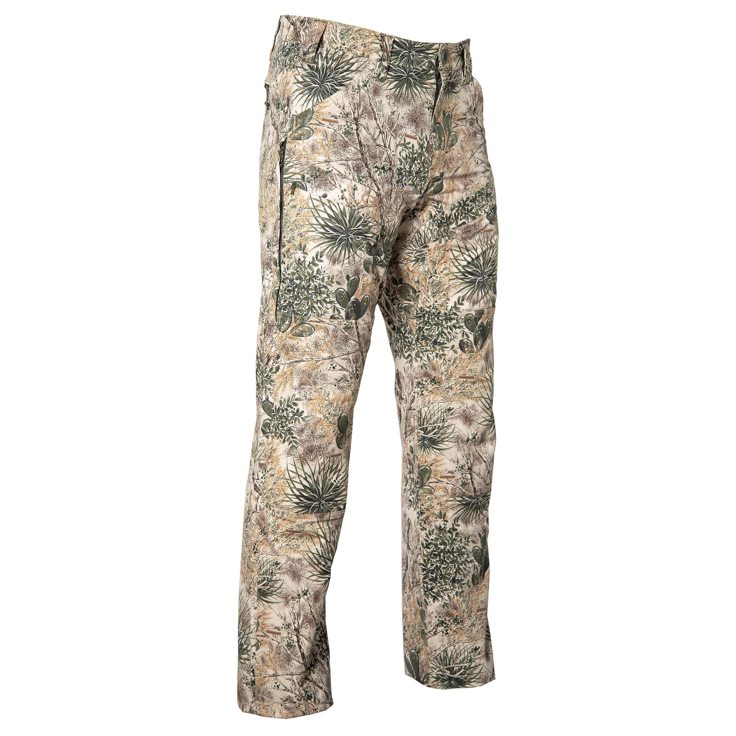 Desert camo hunting pants with cactus and brush pattern for outdoor concealment