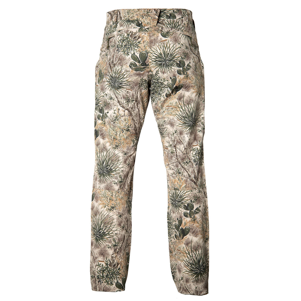 Desert camo hunting pants with cactus and brush pattern for outdoor concealment