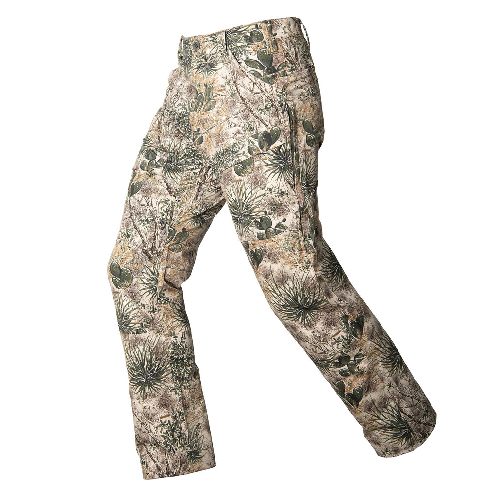 Desert camo hunting pants with cactus and brush pattern for outdoor concealment