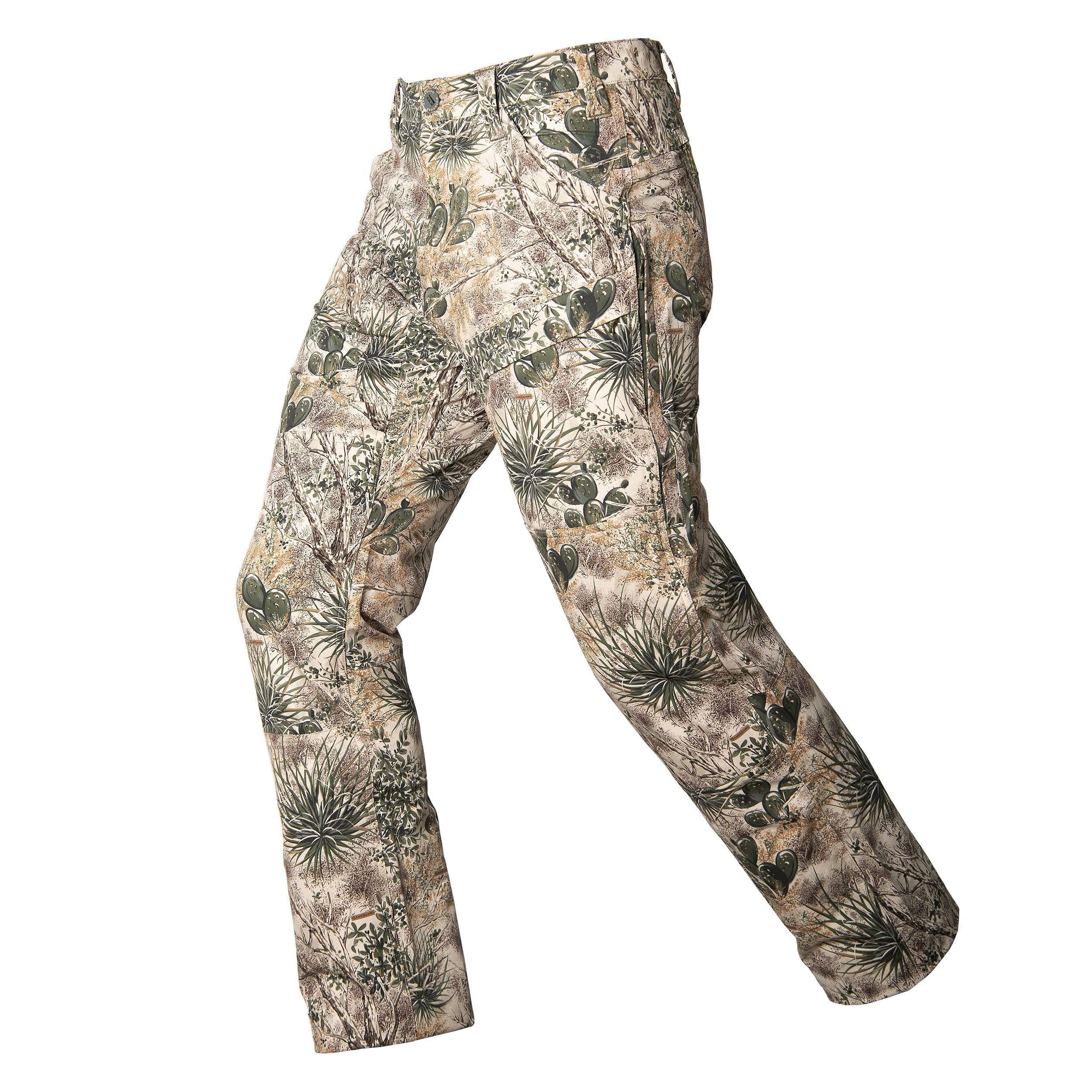 Desert camo hunting pants with cactus and brush pattern for outdoor concealment